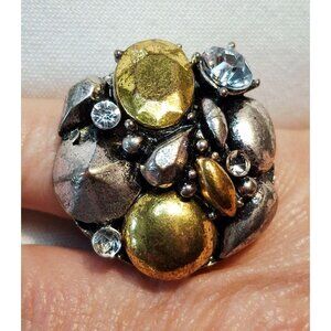 Vintage Two-Tone Statement Cluster Ring With Mixed Metals & Rhinestones